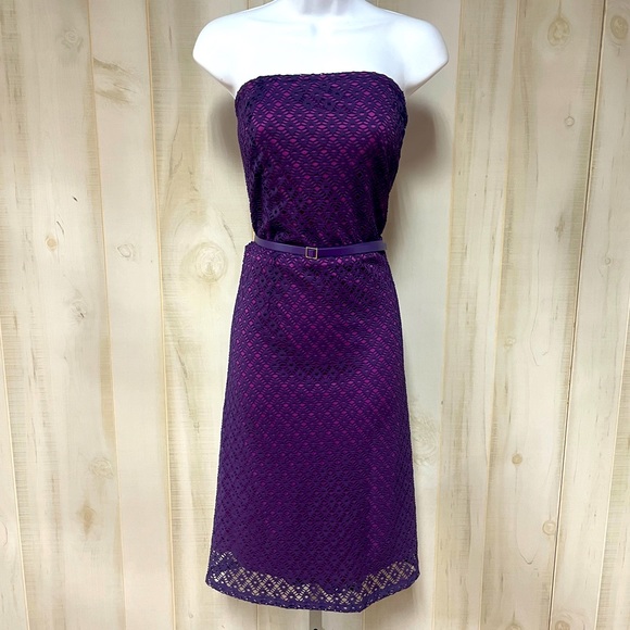 Lane Bryant Dresses & Skirts - Lane Bryant Pink Purple Strapless Knee Length Crochet Overlay Belted Dress Sz 24
